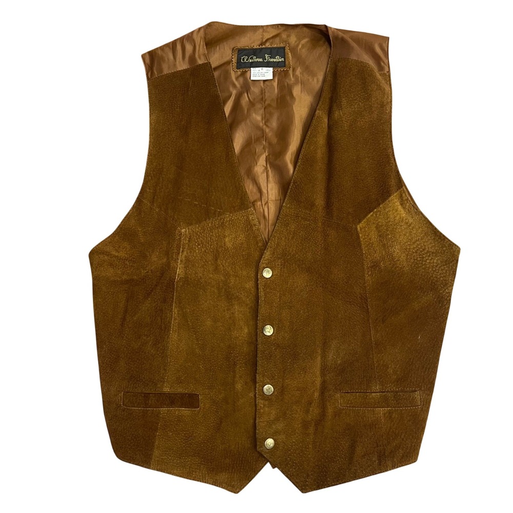 Western Frontier Vintage Genuine Suede‎ Leather Vest Mens L brown Cowboy Biker